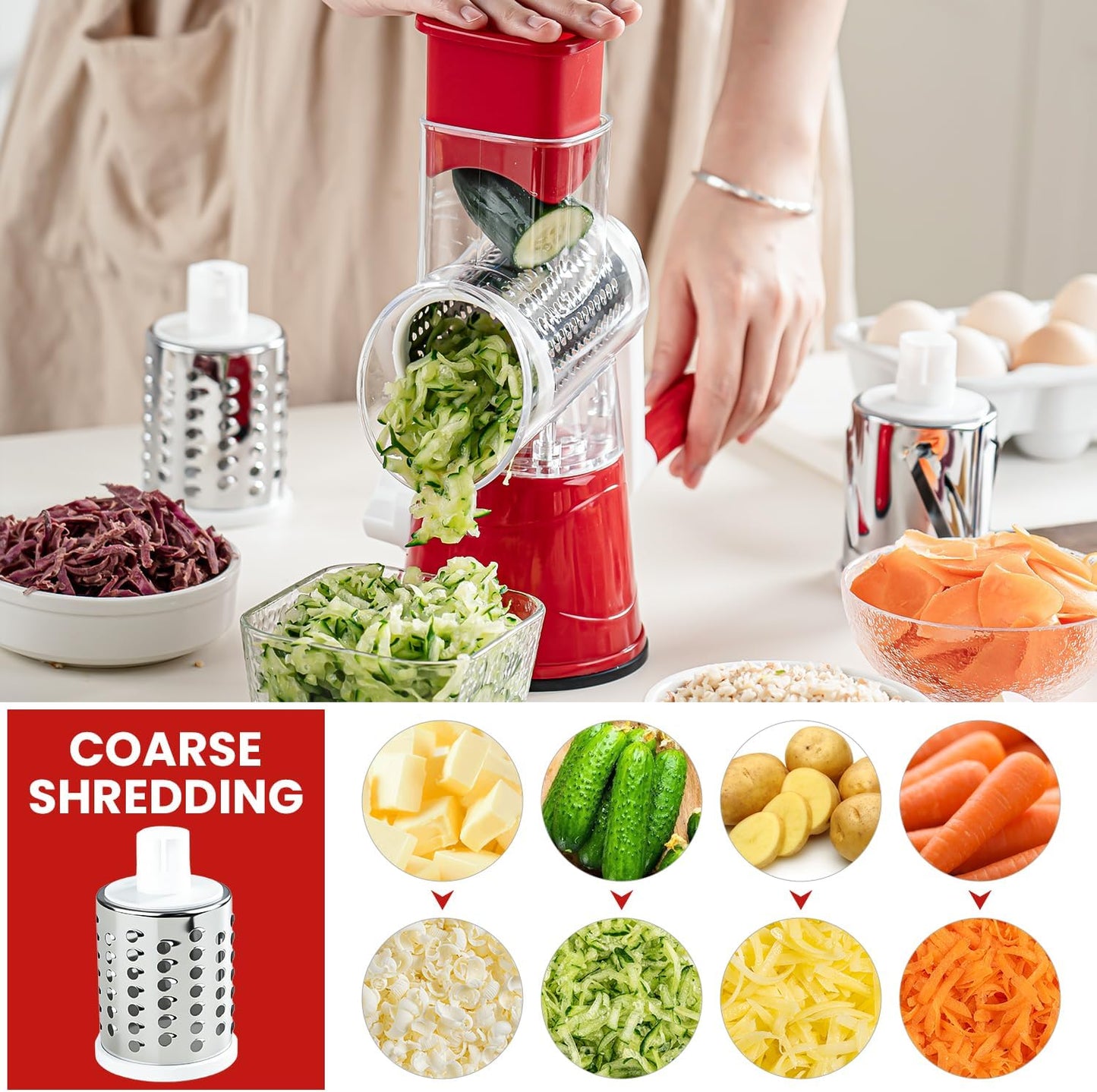 Rotary Cheese Grater Hand Crank Cheese Shredder with 3 Stainless Steel Blades, Rotary Grater, for Fresh Cheese, Vegetable, Nuts,Non-slip Suction Base, Black