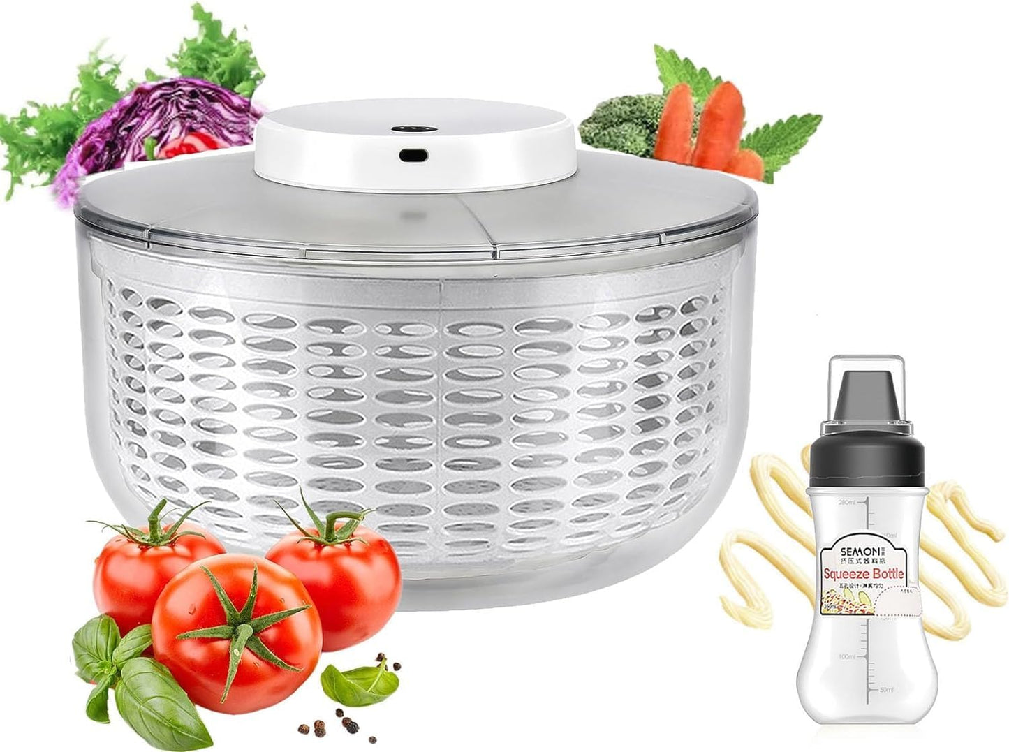 Electric Salad Spinner, 4L Wireless USB Salad Spinner Dehydrator for Fruit Vegetables, Large Capacity Salad Vegetable Dryer, Quick Drainage Electric Mixer White