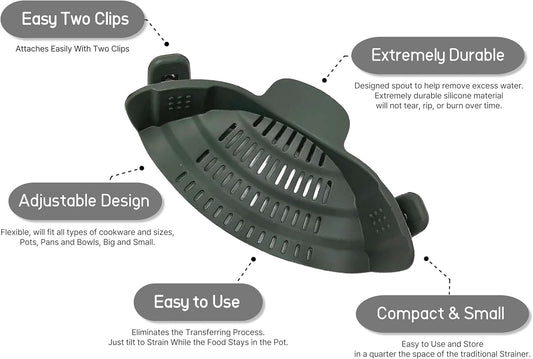 Clip-On Flexible Silicone Strainer for All Pots and Pans, Heat Resistant Colander for Vegetables and Fruit and Noodles and Pasta, Multi Use Kitchen Gadgets for Cooking, Space-Saving Design(Gray)