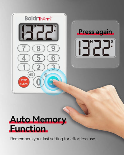 BaldrTherm Digital Kitchen Timer, Magnetic Waterproof Countdown Timer for Cooking, Shower, Workout, Classroom, Hair Color Processing, White.
