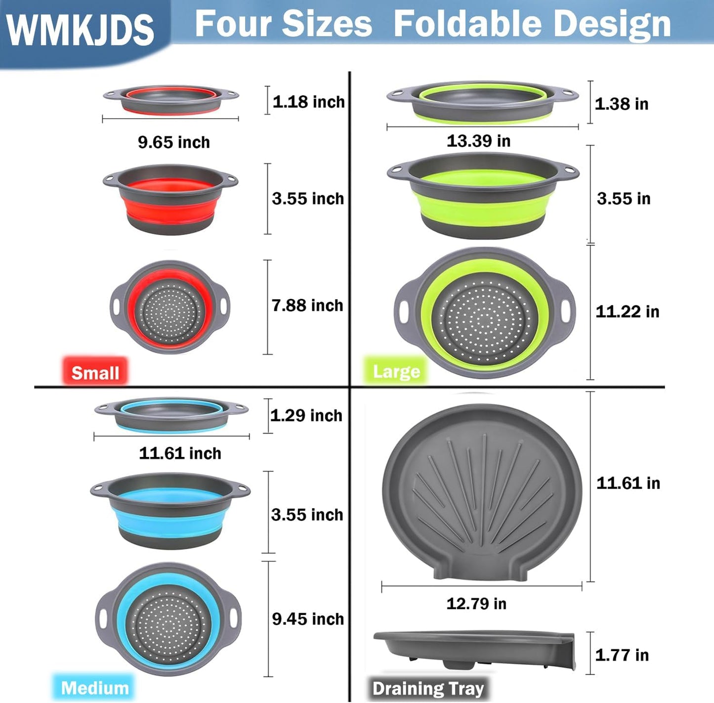 Collapsible Colanders Food Strainers, 3-Pack Foldable Kitchen Strainers with Over-Sink Water Draining Tray, Space Saving Kitchen Drainer for Vegetables, Fruit, Pasta and Rice (White-Gray)