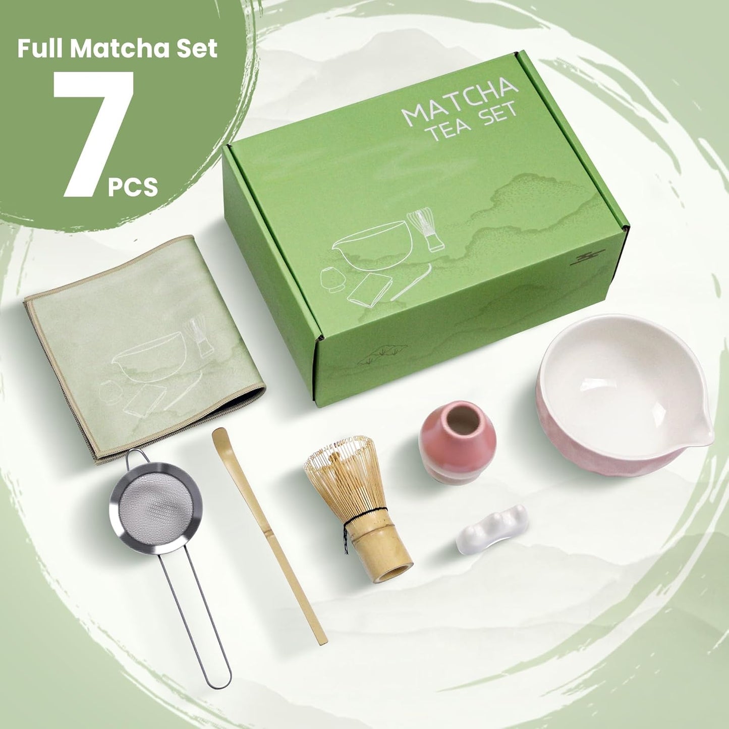 Matcha Whisk Set – Ceramic Matcha Bowl with Pour Spout, Bamboo Whisk, Whisk Holder, Scoop, Sifter – Japanese Matcha Kit for Beginners (Blue)