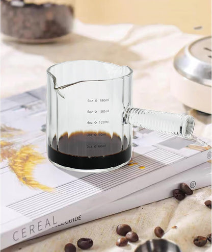 Glass Espresso Cup 6 OZ, Double Shots Measuring Cup with Glass Handle for Dishwasher Safe, Double V-Shaped Spout Milk Frothing Pitcher, Espresso Accessories for Machine, Demitasse Cups (Clear)
