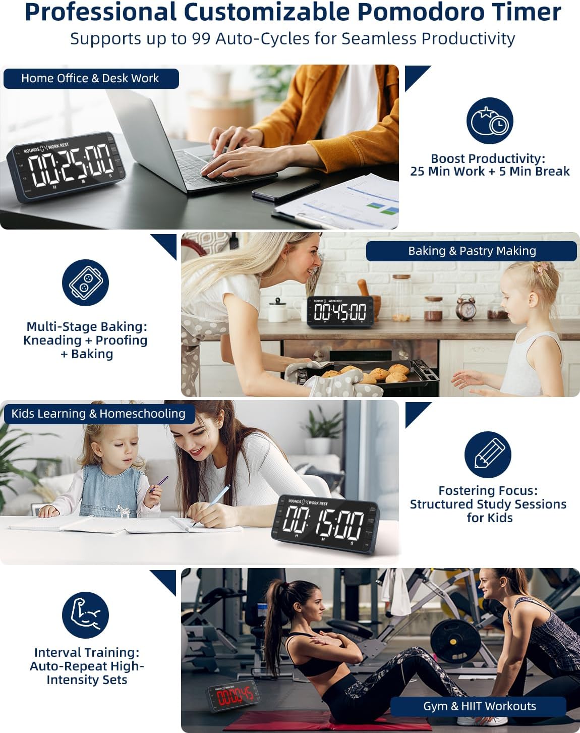 7.8" Digital Kitchen Timer with Large LED Display, Magnetic Rechargeable Countdown Timer, 5 Alarms & 4 Volume Levels, 99H Count Up/Down Timer for Cooking, Classroom & Study