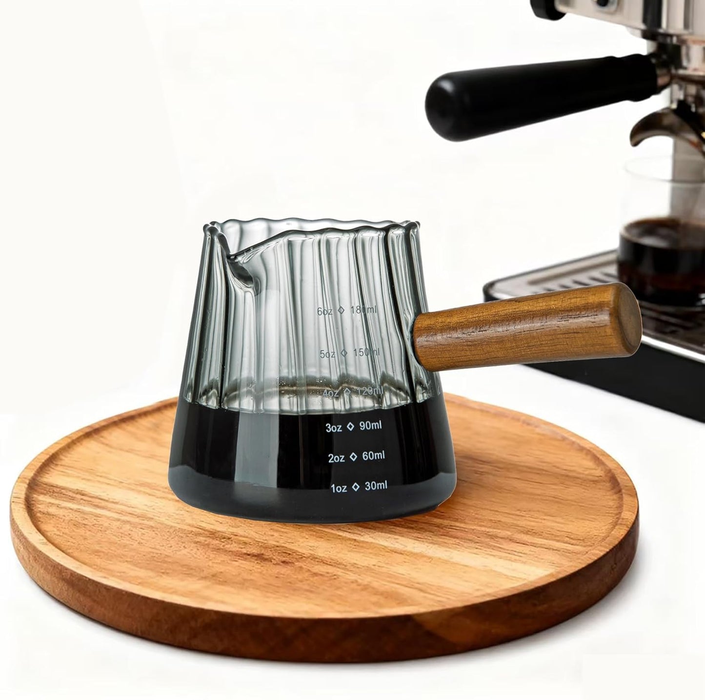 FANTESTICRYAN 6OZ Measuring Cup, Ribbed Borosilicate Glass Espresso Cup, V-Shaped Spout Drain Espresso Double Shots, Coffee Milk Tea Accessories (Clear, Glass Handle)