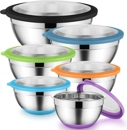Onader Mixing Bowls with Lids Set of 6, Large Metal Nesting Mixing Bowls, Stainless Steel Non-Slip Salad Bowl Khaki – Size 1, 1.5, 2, 2.6, 3.5, 7QT