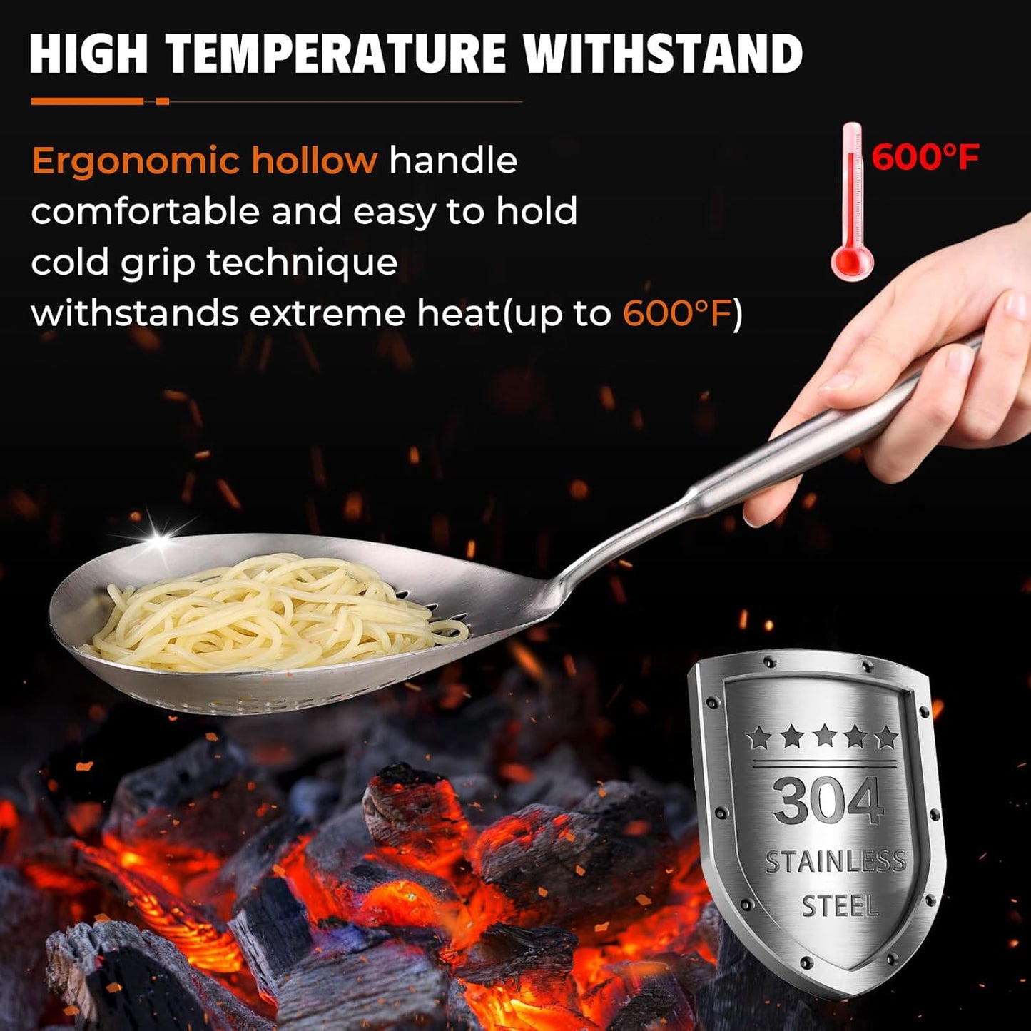 MARTE Skimmer Slotted Spoon Set of 4 - Kitchen Pasta Strainer Spoon - Spider Strainer Skimmer Ladle Spoon with Holder for Cooking and Frying Food, Spaghetti, Vegetable, Dumpling - 14.8In,16.5In,17In
