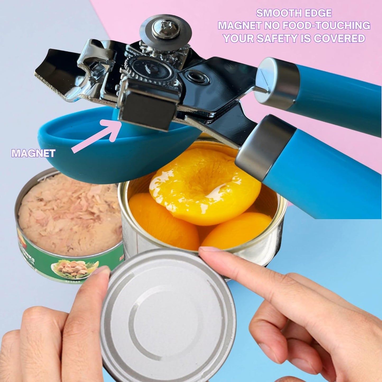 Manual Can Opener for Seniors Easy-Turn Knob, Cleaner Edge Cutting, Magnetic Lid Lifter, Heavy-Duty Carbon Steel Blade, Ergonomic Comfort Grip Blue