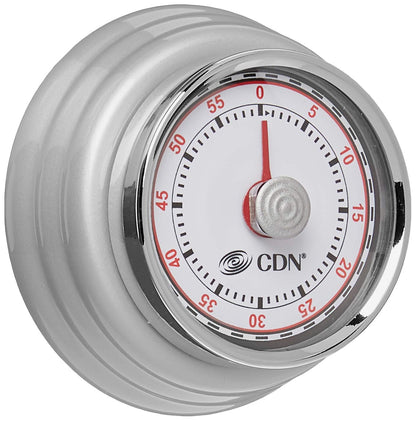 CDN Compact 60-Minute Mechanical Timer | Easy-to-Read 2.5” Dial | Loud 3-Second Alarm | Ideal for Cooking or Baking | Countertop or Wall Mountable | Silver Finish | MT1