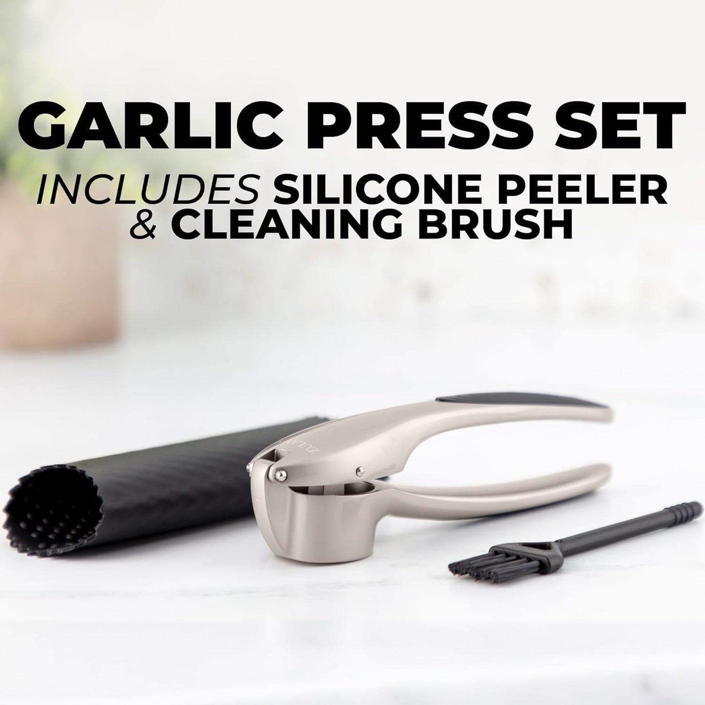 Zulay Kitchen Premium Garlic Press Set - Rust Proof Professional Garlic Mincer Tool - Easy-Squeeze, Easy-Clean with Soft, Ergonomic Handle - Silicone Garlic Peeler & Brush (Silver)