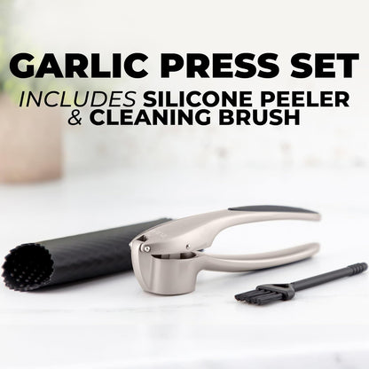 Zulay Kitchen Premium Garlic Press Set - Rust Proof Professional Garlic Mincer Tool - Easy-Squeeze, Easy-Clean with Soft, Ergonomic Handle - Silicone Garlic Peeler & Brush (Silver)