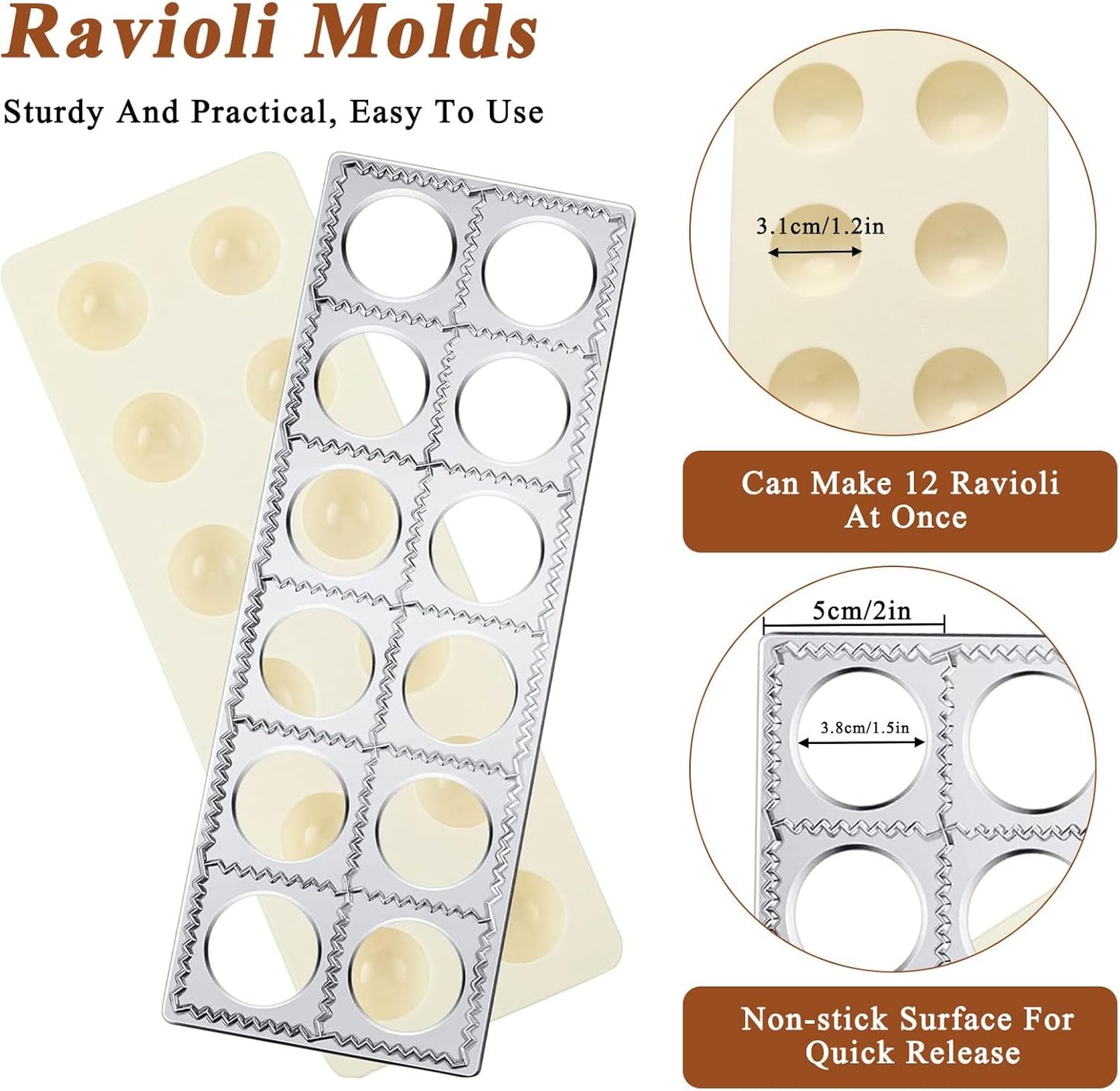 7 Pcs Ravioli Mold Set, Ravioli Maker Press with 1 Wood Rolling Pin, 4 Ravioli Cutter, 12 Holes Ravioli Stamp Pasta Making Kit for Ravioli Pasta Dumpling Meat Pie