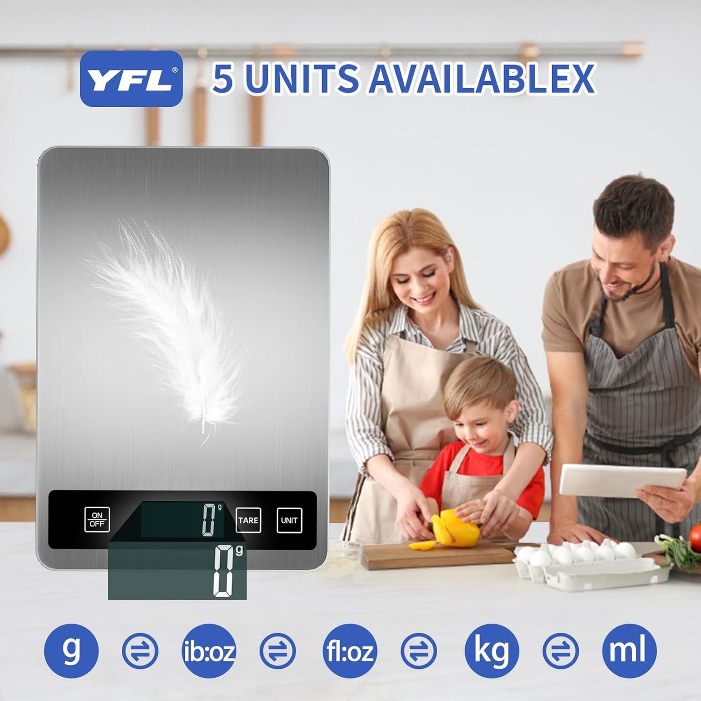 YFL Food Scale, 33lb Digital Kitchen Scale Weight Grams and Oz 1g/0.1oz Precise Graduation,Waterproof Surface Stainless Steel and Tempered Glass for Cooking Baking,(Ash Silver)