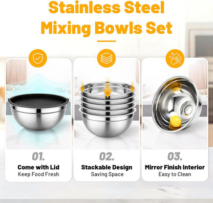 Beasea Mixing Bowls with Lids, 3 Pack 3.4 QT Kitchen Stainless Steel Mixing Bowls with Airtight Lids, Metal Nesting Set for Baking, Prepping, Serving, Salad and Food Storage
