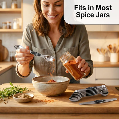Magnetic Measuring Spoons Set of 8, Stainless Steel Double End Stackable Teaspoon for Cooking and Baking, Tablespoon with Leveler for Measuring Dry and Liquid Ingredients, Multicolor