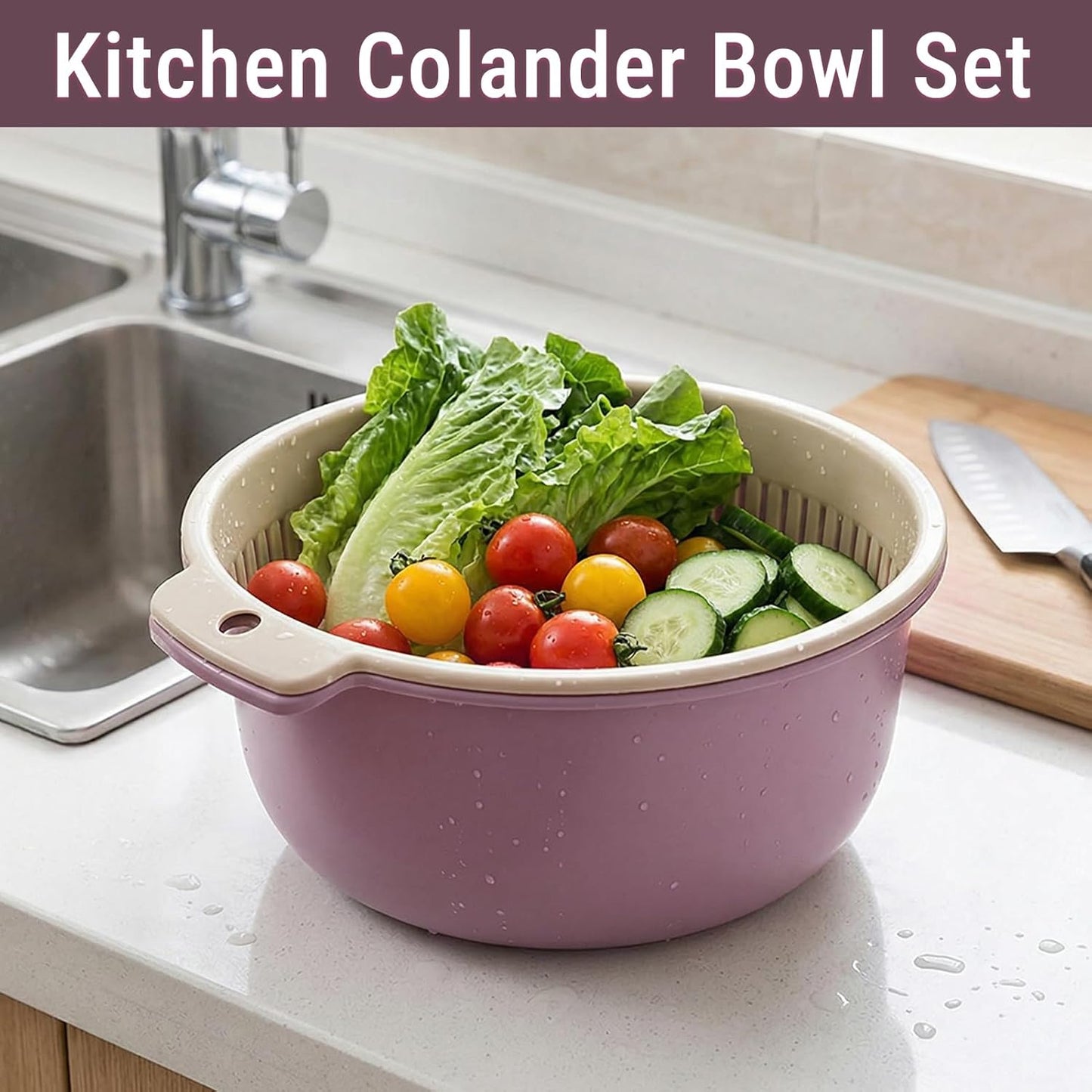 2 in 1 Colander Bowl Set, Detachable Strainer and Serving Bowl Kitchen Fruit Vegetable Washing Drainer for Home Meal Prep and Salad Making (Small 14x7x16cm)