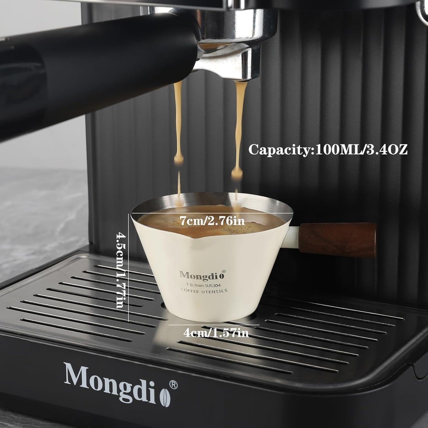 Mongdio Espresso Measuring Cup, Stainless Steel Espresso Shot Cups with Wooden Handle and Double Spouts, 6.8OZ/200ML, White