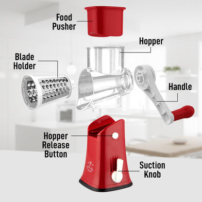 Zulay Kitchen Rotary Cheese Grater 5 Blade Cheese Shredder - Manual Hand Crank Cheese Grater With Reinforced Suction & 5 Interchangeable Drums - Easy to Use, Vegetable Chopper Round Mandoline Slicer - Colors A