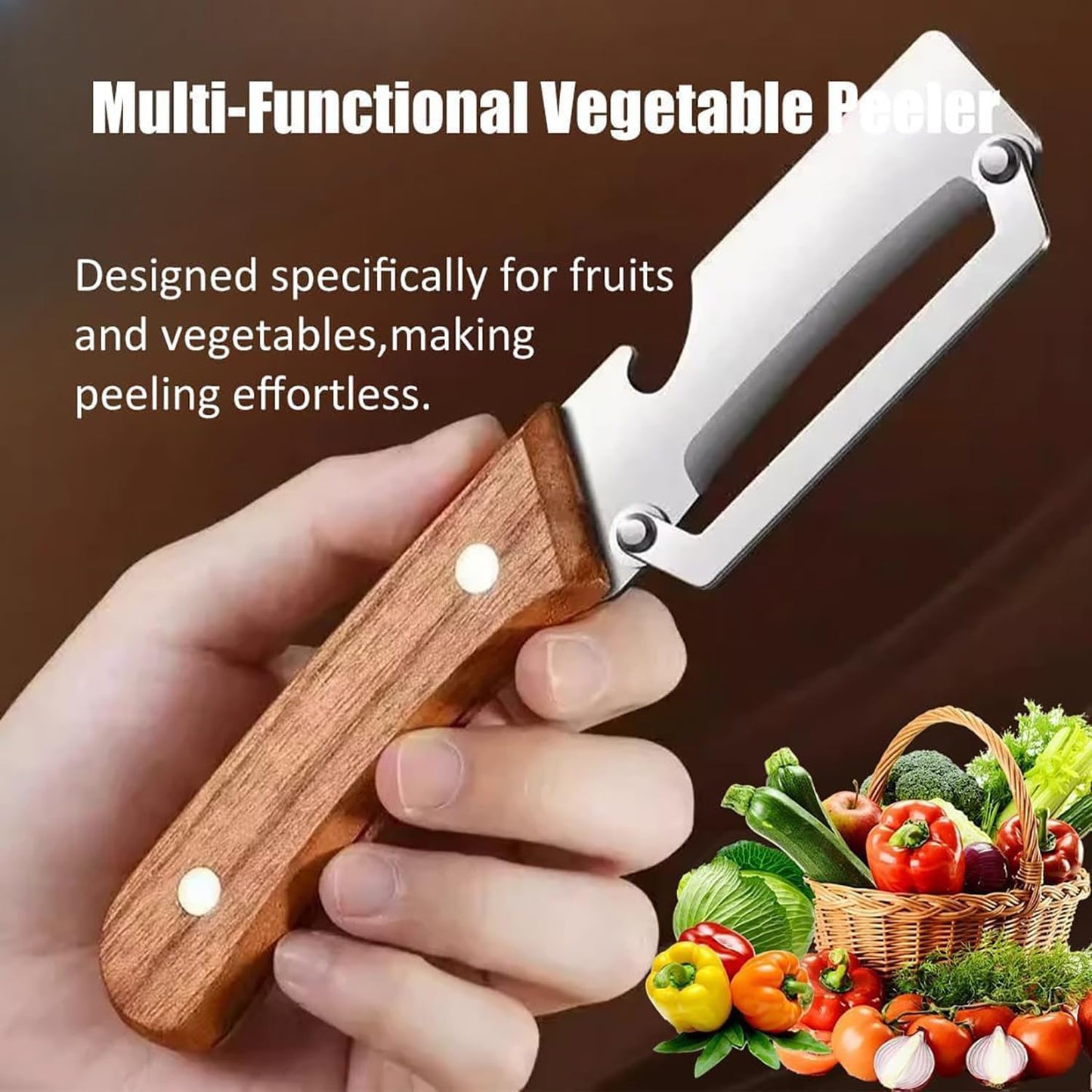 MultiFunctional Vegetable Peeler for Kitchen，Multifunctional Vegetable Peeler with Wooden Handle and Bottle Opener，2-in-1 Stainless Steel Kitchen Tool for Fruit Apple Potato Pumpkin Papaya (1)