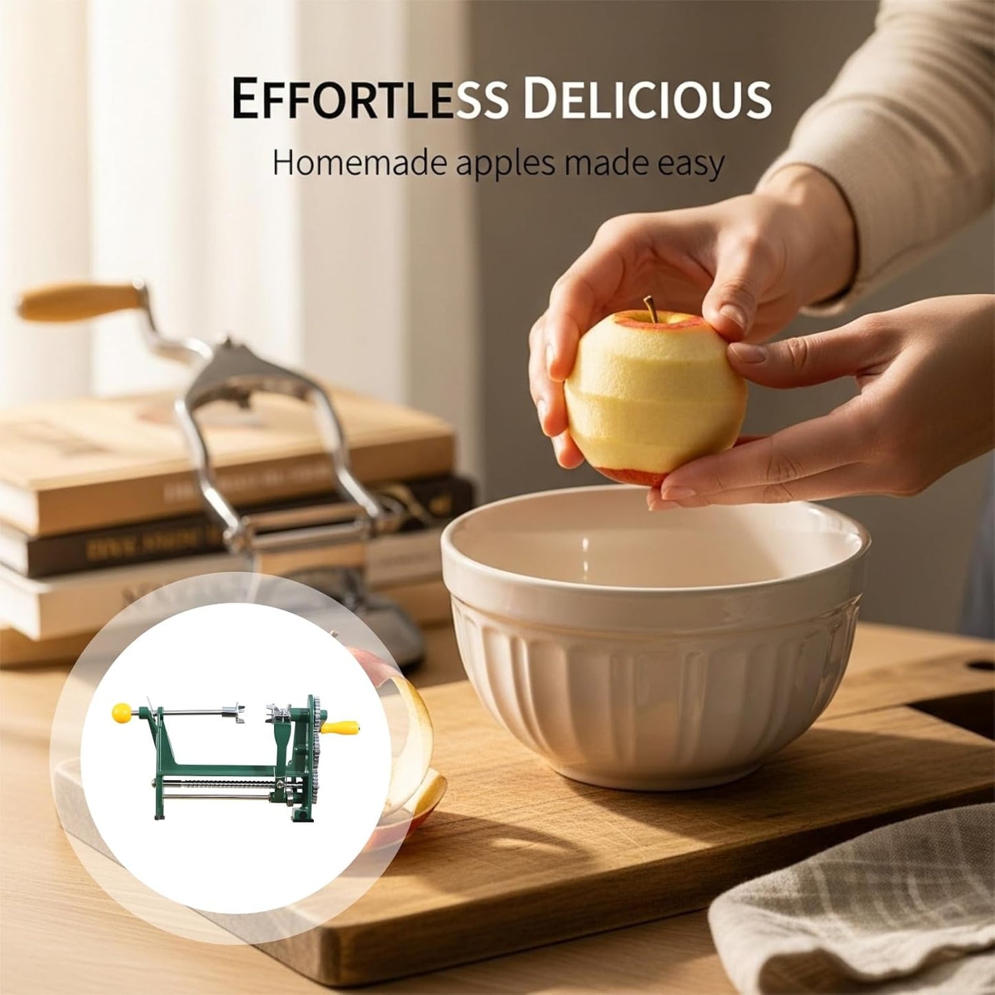 Hand Crank Apple Peeler Slicer Corer, Heavy Duty Metal Fruit Peeler with Adjustable Thickness Blade, Gear-Driven Potato Slicing Machine with Double-Forked Lock for Kitchen, Yellow Green