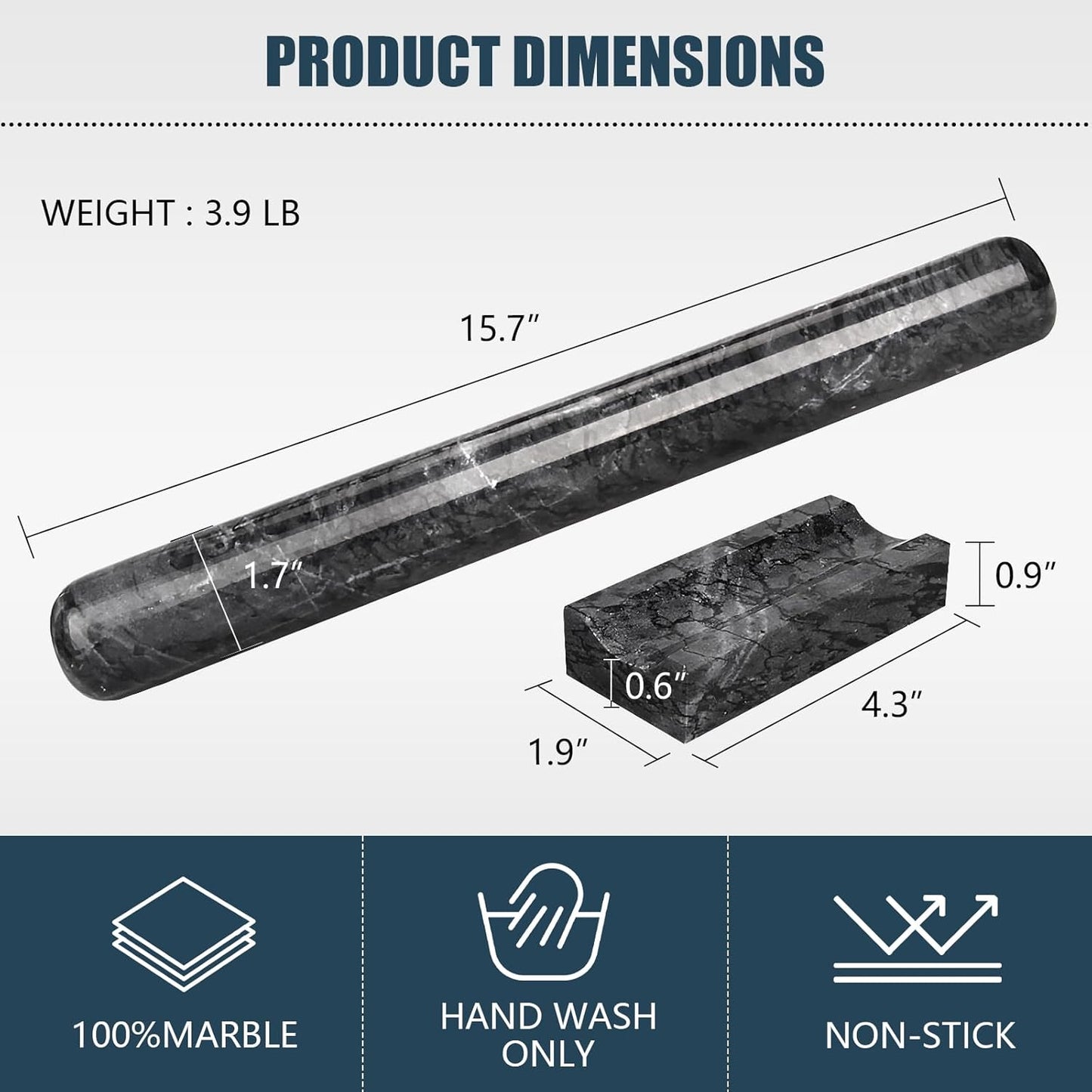 Marble Rolling Pin with Stand, 15.7" Black Stone French Heavy Polished Non Stick Cookie Pizza Pastry Dough Baker Roller for Kitchen Baking