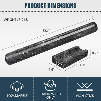 Marble Rolling Pin with Stand, 15.7" Black Stone French Heavy Polished Non Stick Cookie Pizza Pastry Dough Baker Roller for Kitchen Baking