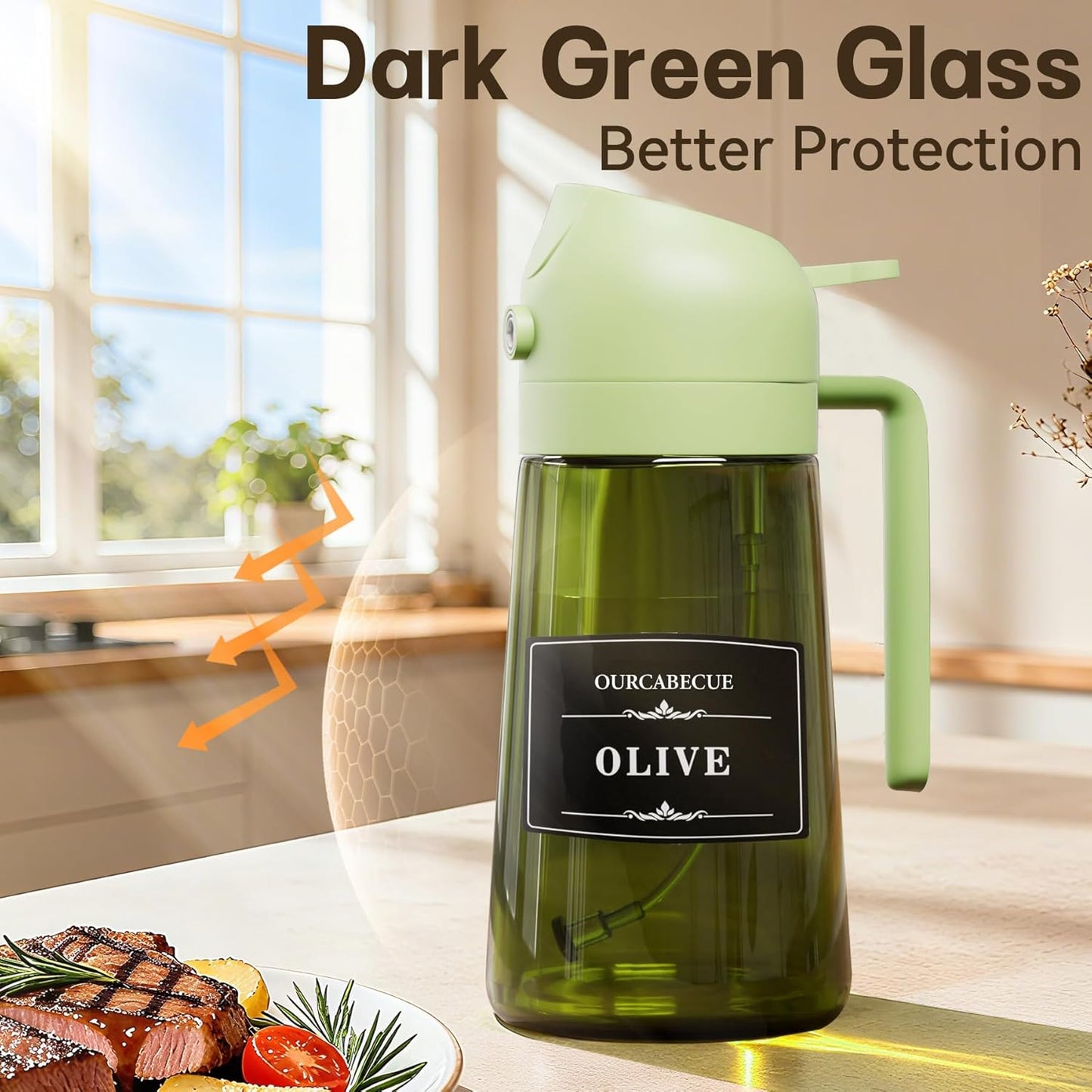 OURCABECUE 2 in 1 Olive Oil Sprayer for Cooking, 16oz/470ml Light-Blocking Dark Olive Oil Dispenser Bottle for Kitchen, Food-Grade Glass Oil Mister with 8 Oil Stickers