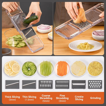 KEOUKE Transparent Multifunctional Mandoline Slicer - 6 Blades Interchangeable, Handheld Vegetable Cutter with Hand Guard for Kitchen, Onion, Garlic, Safe Food Slicer