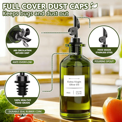 COOLMI Oil Dispenser for Kitchen - 12oz/350ml, Set of 2 Extra Thick Food Grade Glass Olive Oil Dispenser Bottle with Cleaning Brush, Stickers and Funnel (Gold)
