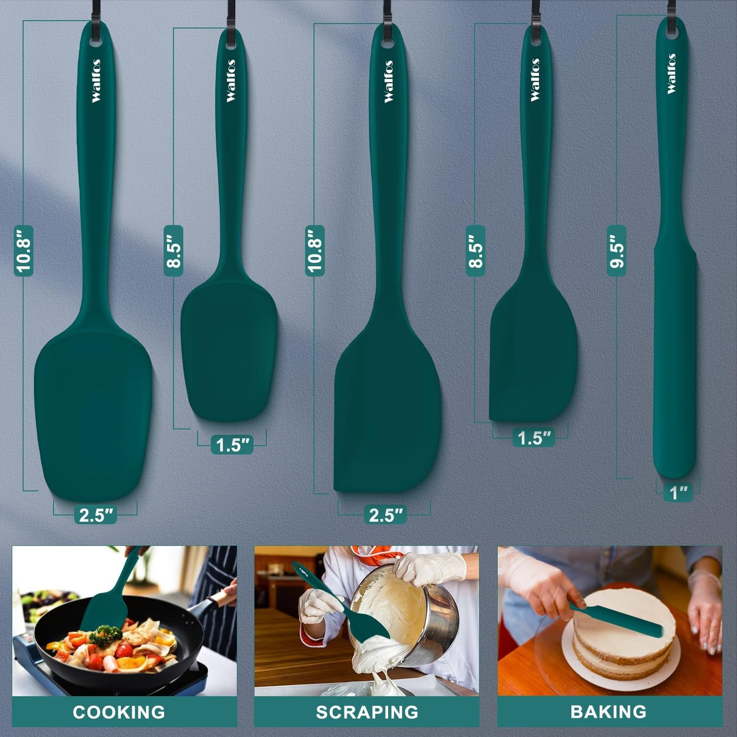 Walfos Silicone Spatula Set of 5 - (600°F) High Heat Resistant Kitchen Scraper Spatulas, One-Pieces Seamless Design, Perfect for Cooking Mixing & Baking - BPA Free and Dishwasher Safe,black