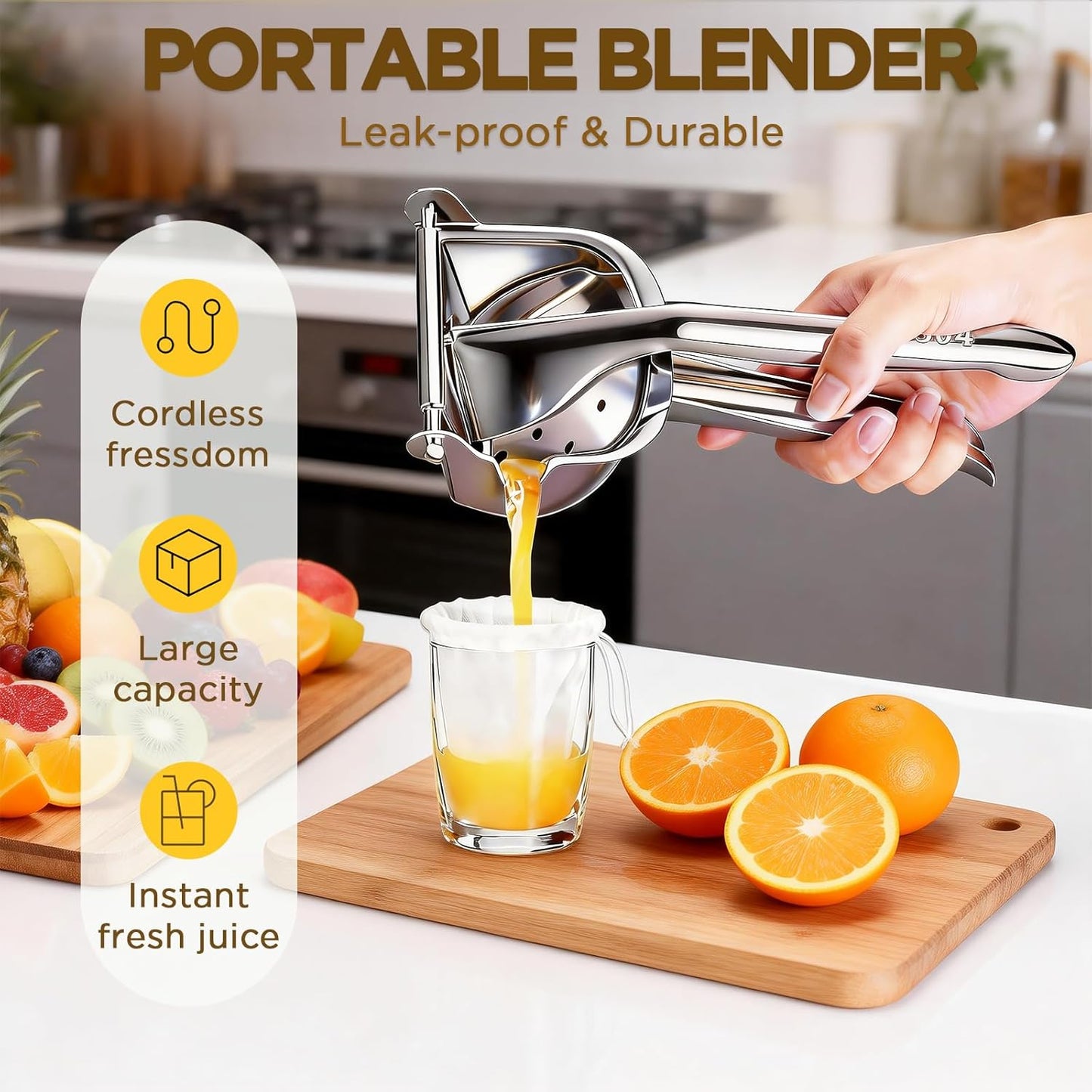 Fruit Juice Squeezer Manual Juicer – 304 Stainless Steel Hand Juicer Juice Press with Metal Filter filter bag, Easy to Use & Clean, Non-Slip Ergonomic Grip, for Lemon, Orange & Citrus