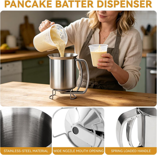 Pancake Dispenser for Batter, Stainless Steel Batter Dispenser, 900ML Funnel Cake Dispenser Batter Pourer for Baking Cupcakes Muffins Crepes Waffles