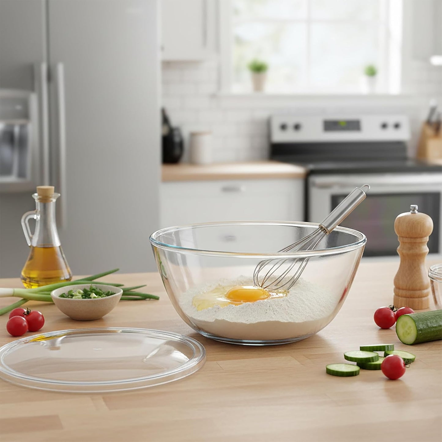 Large Glass Mixing Bowl, 4.7 Quart Large Glass Salad Bowl with Lid (Deep, Wide Design)