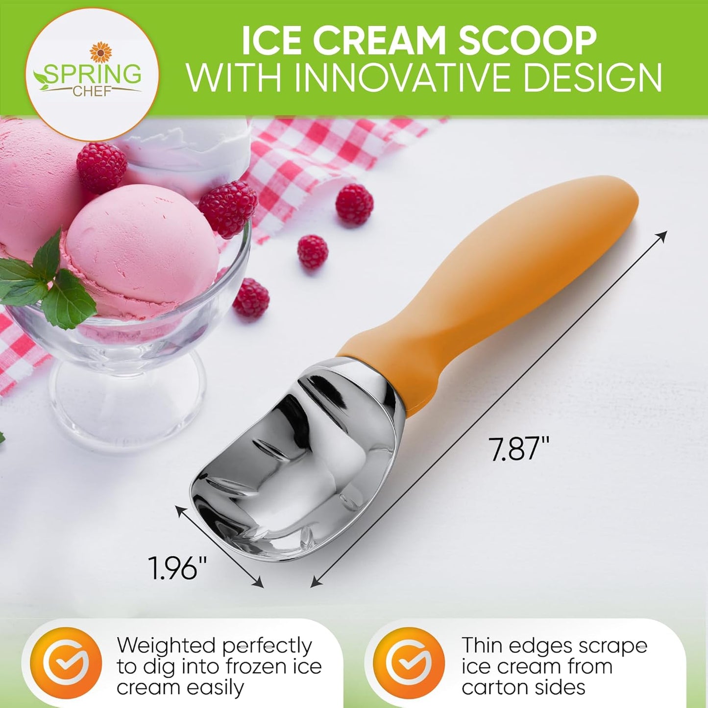 Spring Chef Heavy Duty Ice Cream Scoop with Comfortable Handle - Professional Ice Cream Scooper for Gelato, Sorbet, Cookie Dough, Melon, Frozen Yogurt - Dishwasher Safe Metal Kitchen Tool - Black
