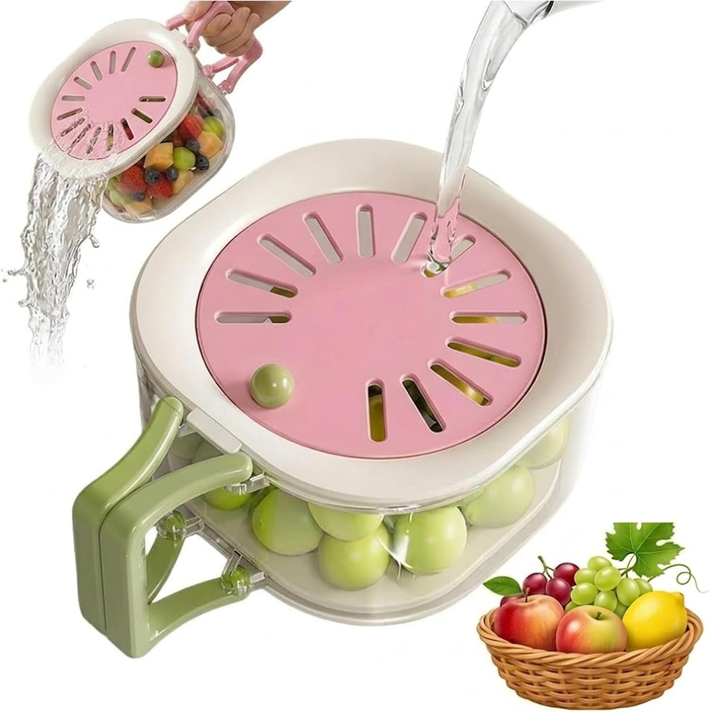 2-in-1 Fruit Washing Bowl with Strainer & Lid, Berry Container for Fridge, Plastic Produce Saver Drain Basket with Handle, Fruit Storage Container & Colander Bowl for Berries, Grapes, Lettuce
