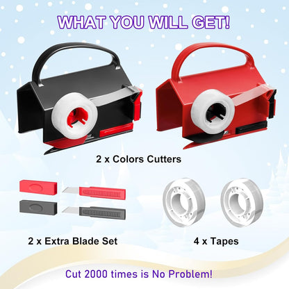 Upgrade 2 Pack Wrapping Paper Cutter &Tape Dispenser Dual Use, Gift Wrap Cutter Tool with 4 Tapes, 2 Replace Blades Kit for Rolls Paper, Perferct for Christmas Birthday, Easy Cut for Present Wrapping
