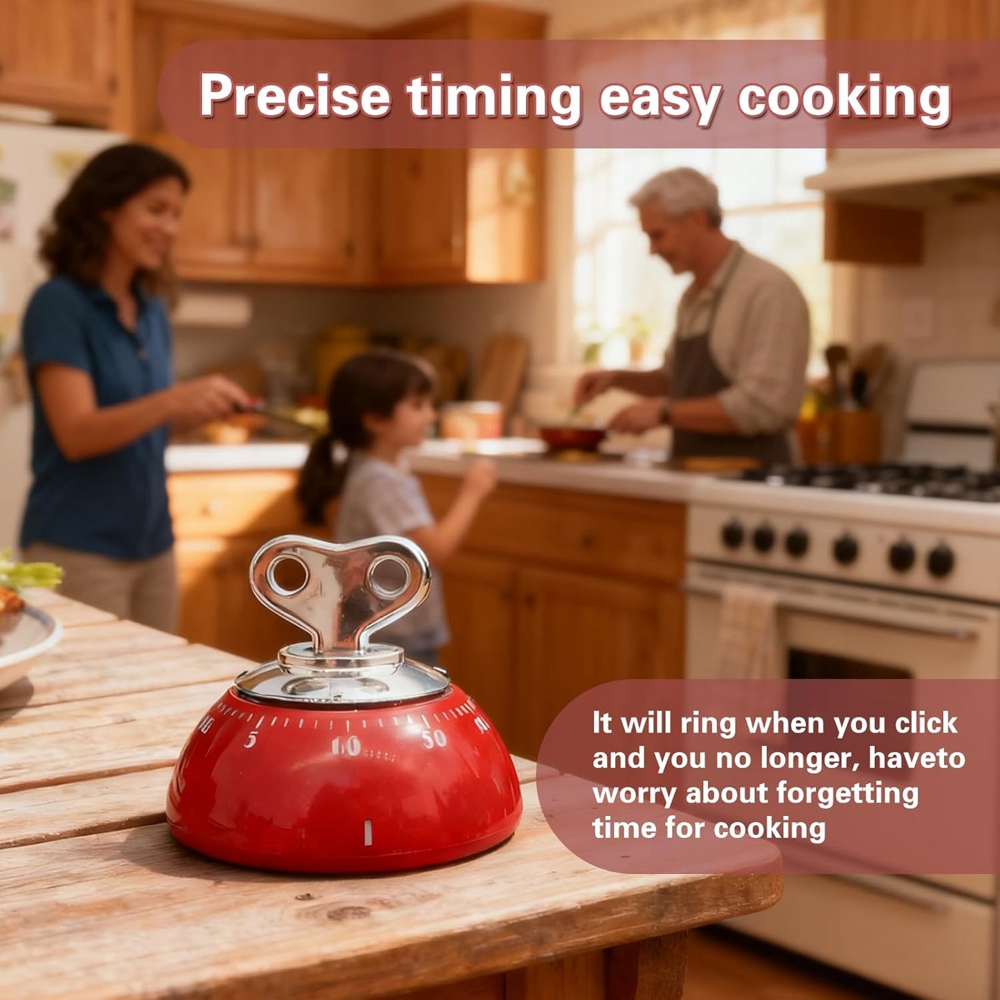 Vintage Mechanical Kitchen Timer, 60-Minute Wind Up Visual Countdown Timer, Heart Shaped Key Rotation Manual Clock for Cooking Baking Steaming, No Battery Required Desk Timer, Red