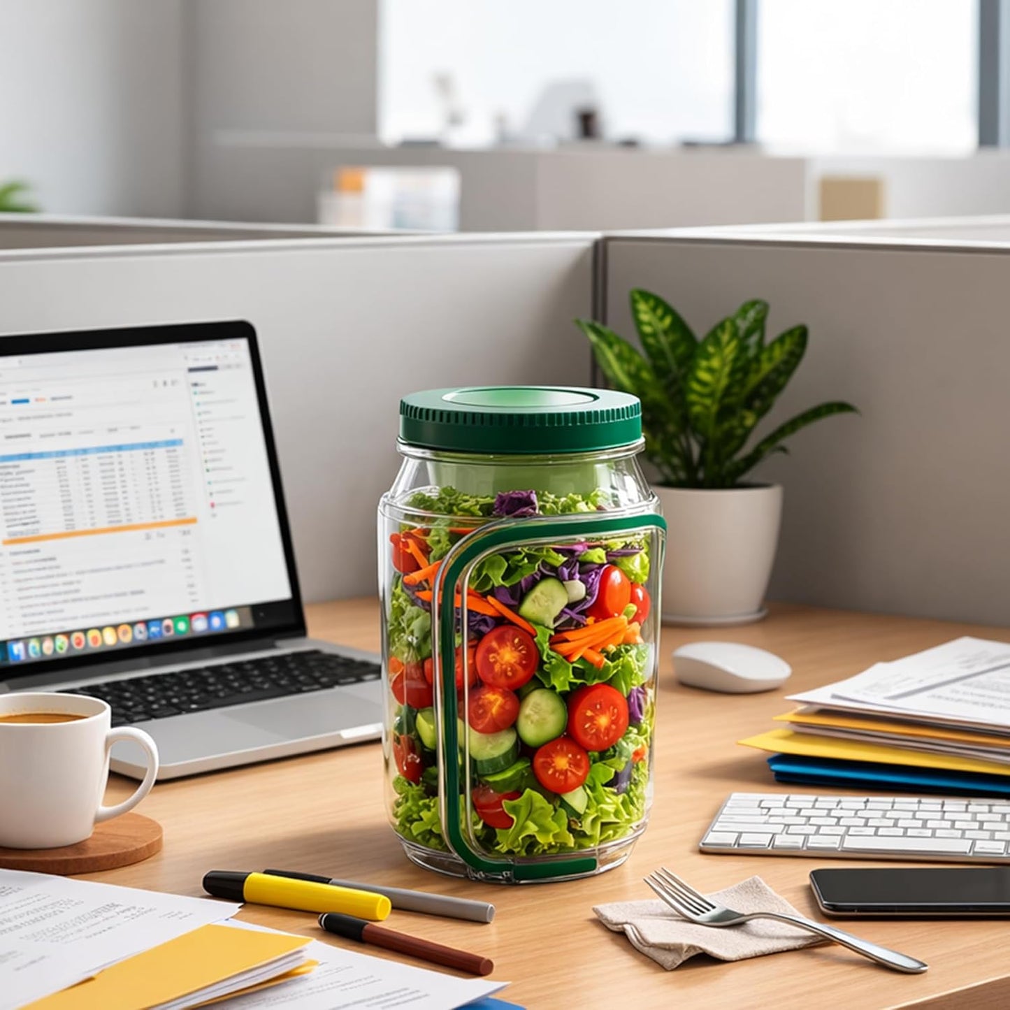 Jar Side Open with Leakproof Dressing Compartment, Portable Container, Home, Office, Travel, Outdoor Salad Container for Lunch