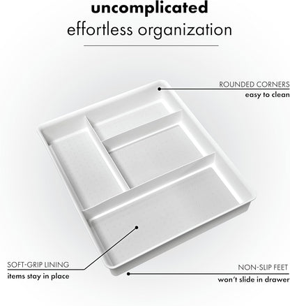 madesmart 4 Compartment Drawer Organizer, Multi Purpose Storage for Utensils, Office Tools, Cords, & Small Household Items, Tech Accessories, Arts & Crafts Supplies, Non Slip Lining, White