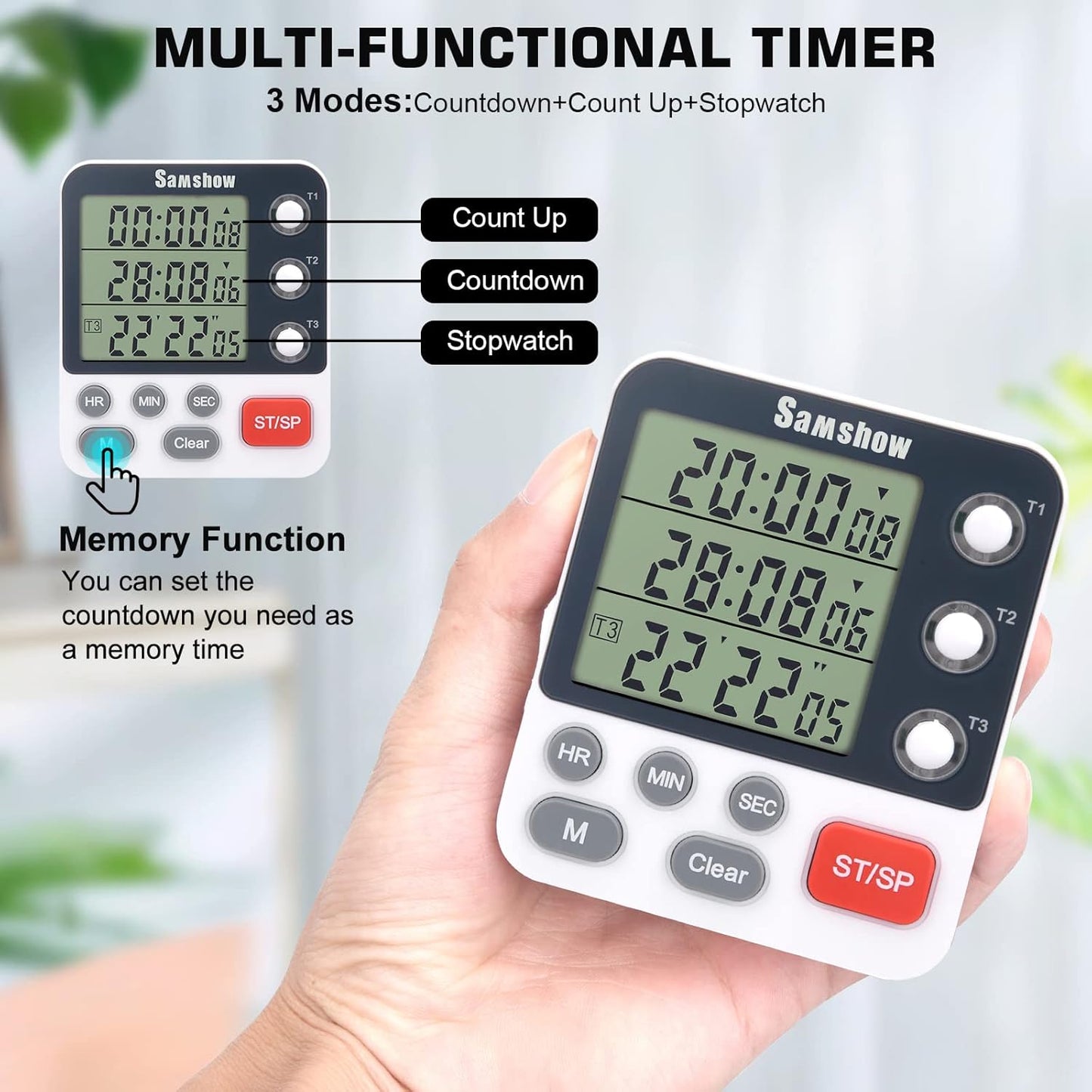 Digital Kitchen Timer Dual Timers 3 Channels Count UP/Down Cooking Timer Large Display, Adjustable Volume Alarm with Magnetic Back, Stand, Battery Included