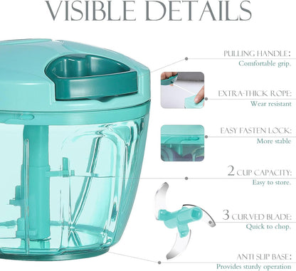 Ourokhome Manual Food Processor Vegetable Chopper, Portable Hand Pull String Garlic Mincer Onion Cutter for Veggies, Ginger, Fruits, Nuts, Herbs, etc., 500ml, Deep Blue