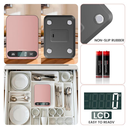 Premium Digital Kitchen Scale, Precision Accurate to 1g, Stainless Steel with LCD Display, 6 Units with Tare Function，Pink - Perfect for Baking, Cooking, and Coffee