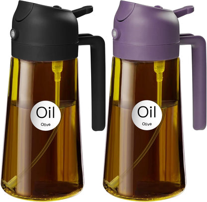 YARRAMATE 2Pcs 16oz/470ml Dark Brown Oil Sprayer for Cooking with Stickers, Food-grade Premium 2 in 1 Olive Oil Dispenser Bottle for Kitchen Gadgets, Air Fryer, Salad, Frying, BBQ (Black&OliveGreen)