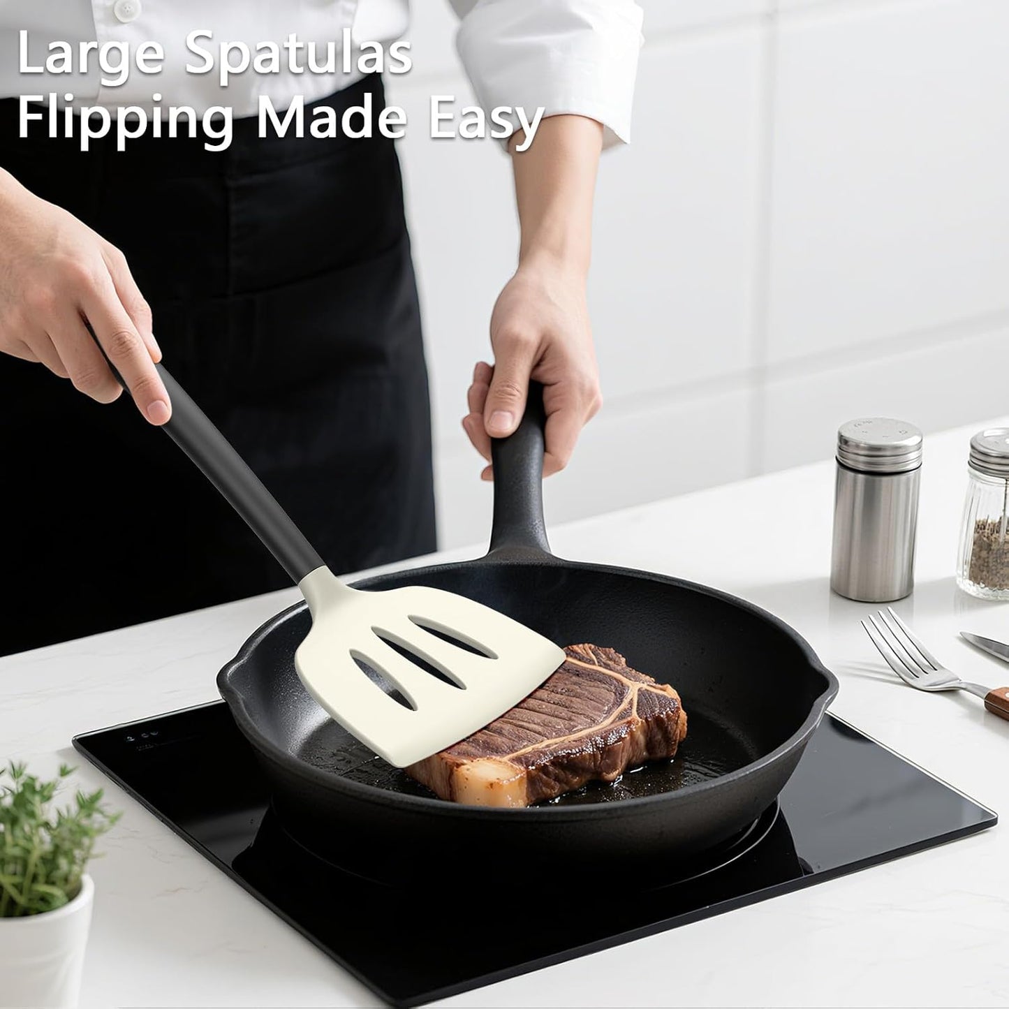 Coukre 3 Pack Silicone Spatula Set, High Heat Resistant, BPA-Free, Fish Spatula, Solid & Slotted Turner for Non-Stick Pans, Flipping Eggs, Pancakes, Fish, Burgers (3, PureBlack)