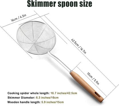 IQCWOOD Spider Strainer Skimmer with Wood Handle - 5.5 Inch Fryer Scoop for Cooking and Frying, Kitchen Utensils Pasta Strainer Spoon