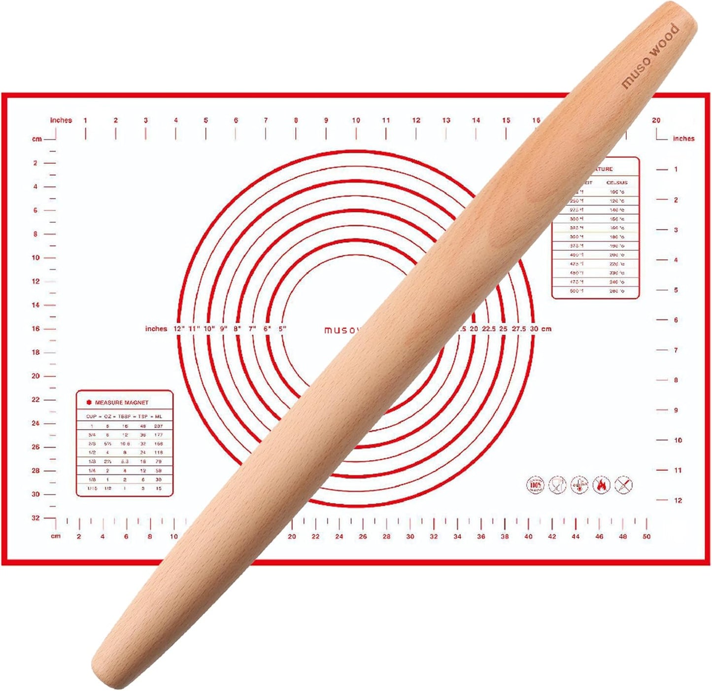 Muso Wood Wooden French Rolling Pin for Baking, Beech Wood Tapered Rolling Pin for Fondant Pie Crust Cookie Pastry(French 15.75-Inch)