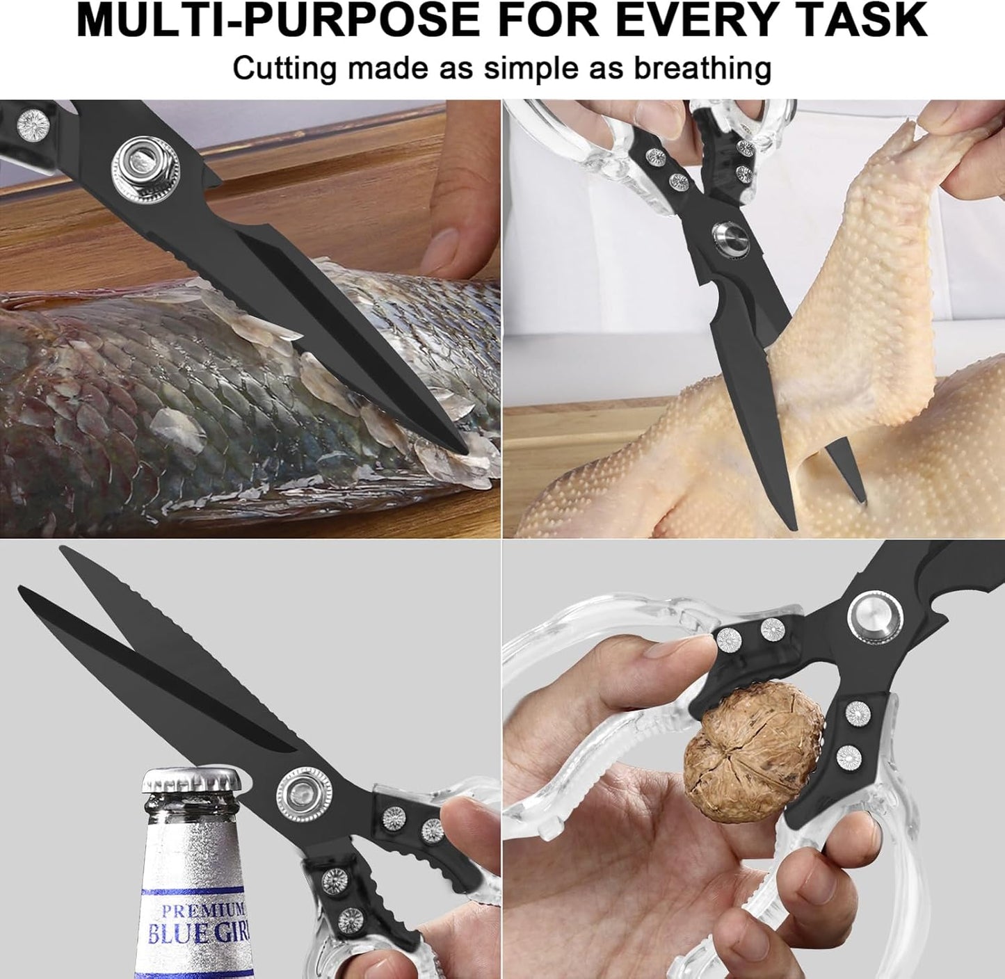 CGBE Kitchen Scissors, Multi-Purpose Kitchen Shears, Heavy Duty Dishwasher Safe Food Scissors for Chicken, Poultry, Fish, Meat & Herbs with Non-Slip Grips - Sliver