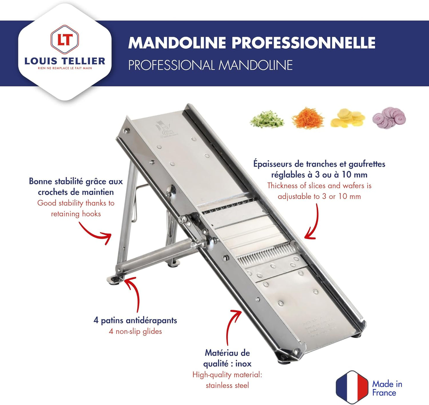 Bron Coucke – Professional Stainless Steel Mandoline with Protective Carriage – 2 Integrated Cutting Blade Units (3 mm & 10 mm) – Smooth & Corrugated Blades – Adjustable – Multi-Function