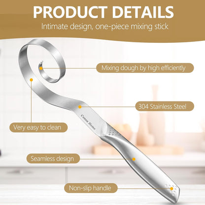 Seamless Danish Dough Whisk Stainless Steel, Hand Mixing Tool for Sourdough Bread Baking, Integrated Design, No Flour Residue Inside The Whisk After Used, A Good Baking Starter