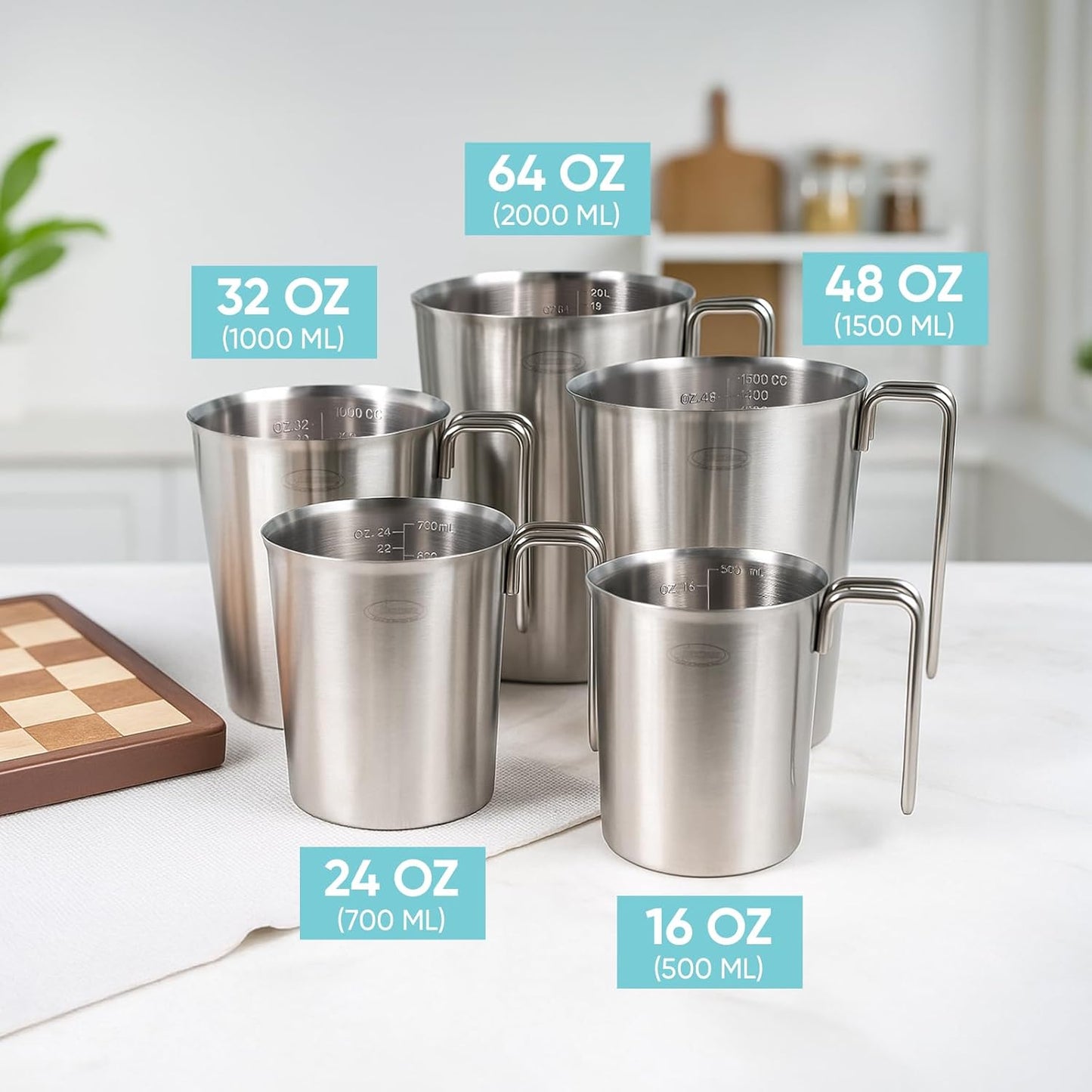Newness Stainless Steel Measuring Cup, Metal Measuring Cup with Handle (Upgraded, 3 Marking Including Cup/ML/Ounce Scale), 16 Ounces (0.5 Liter, 2 Cup)